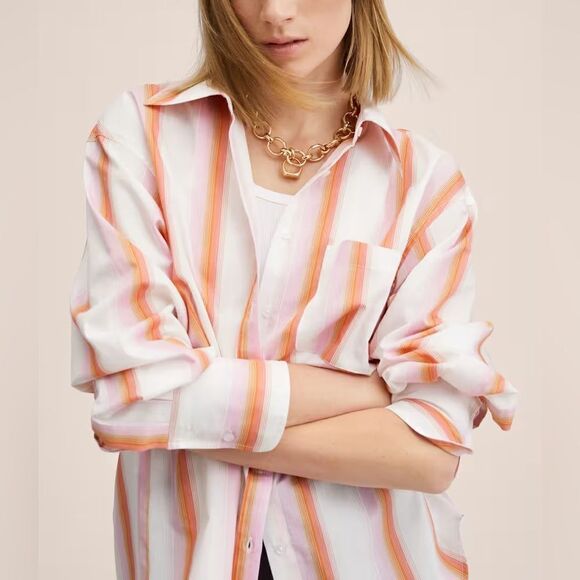 Mango Poplin Striped Cotton Shirt New - Picture 6 of 9